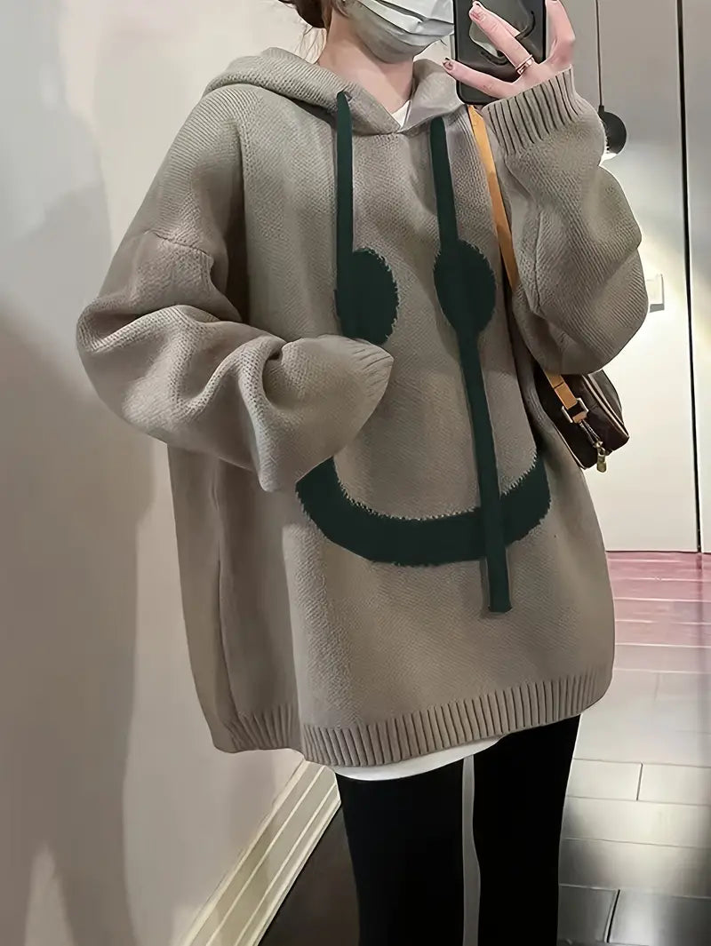 Dame Hættetrøje Med Smil Design Justerbar Snor 100% Bomuld-4