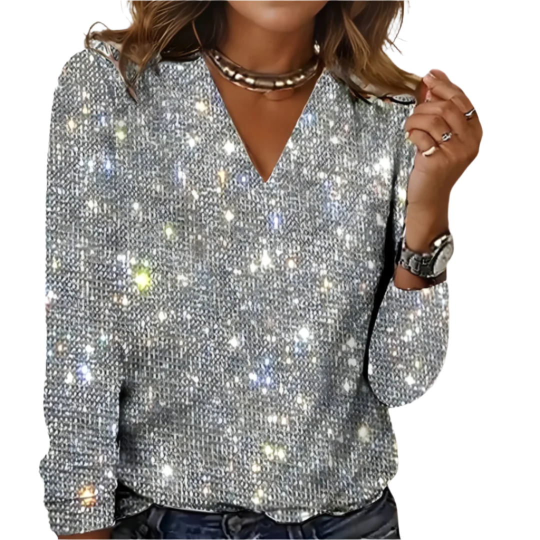 Blouse Femme Col V Motif Diamant Tissu Scintillant 0