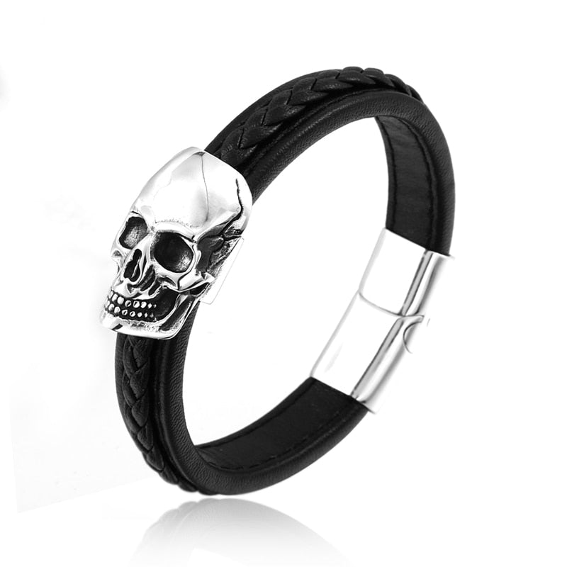 Brățară De Piele Cu Cranii Punk Din Oțel