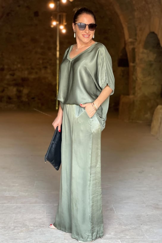 Kvinders To-delt Satin Sæt Elegant Bluse og Bukser-1