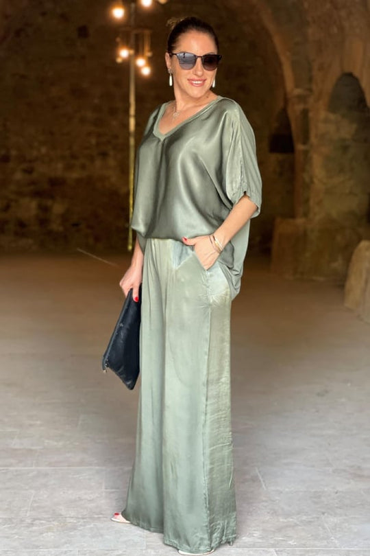Kvinders To-delt Satin Sæt Elegant Bluse og Bukser-1