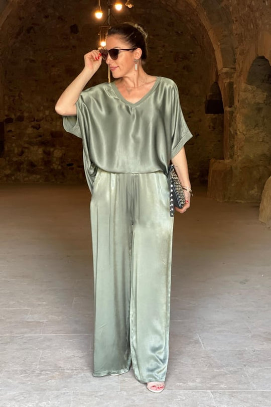Kvinders To-delt Satin Sæt Elegant Bluse og Bukser-4