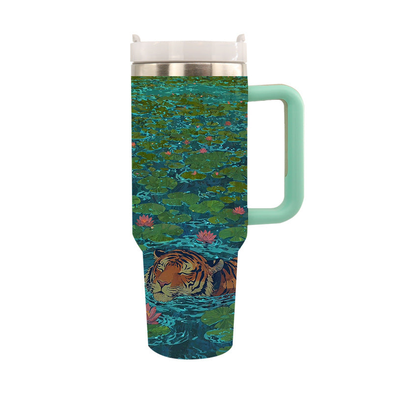 Cană de Călătorie Izolată Unisex cu Design Artistic Tiger și Nufăr 0