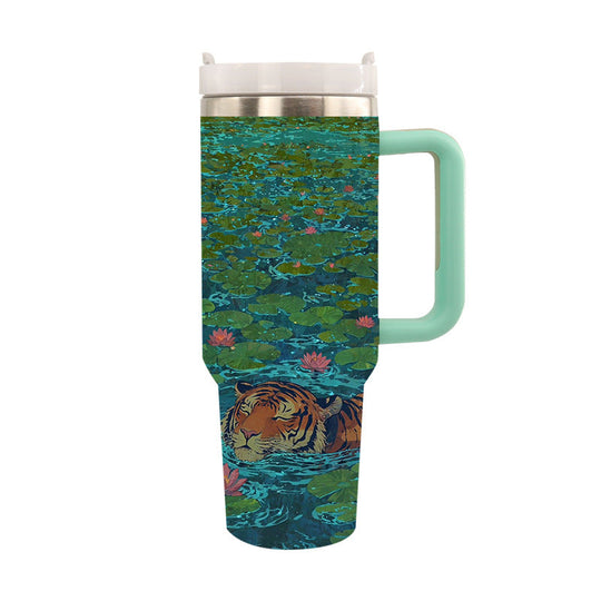 Cană de Călătorie Izolată Unisex cu Design Artistic Tiger și Nufăr 0