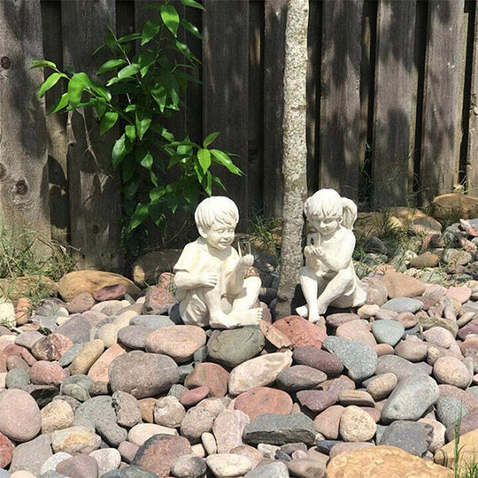 Copii Cu Statuete De Grădină Cu Licurici Solari