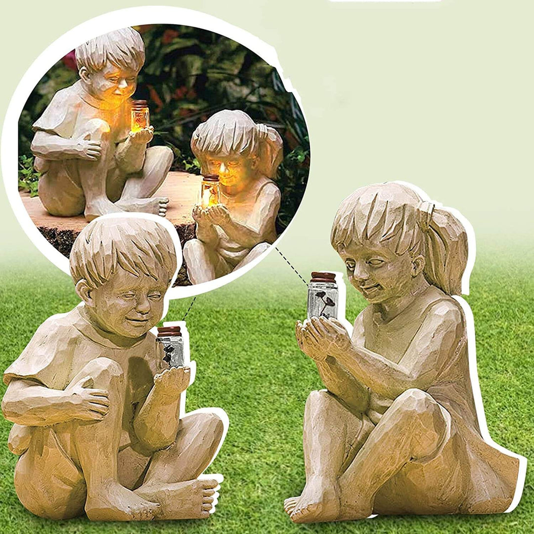 Copii Cu Statuete De Grădină Cu Licurici Solari