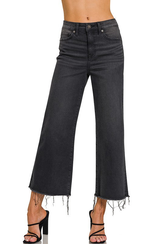 Dames Cropped Jeans Hoge Taille Gewassen Zwart 0