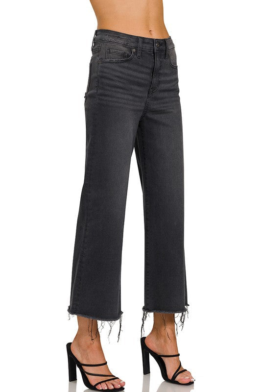 Dames Cropped Jeans Hoge Taille Gewassen Zwart 1