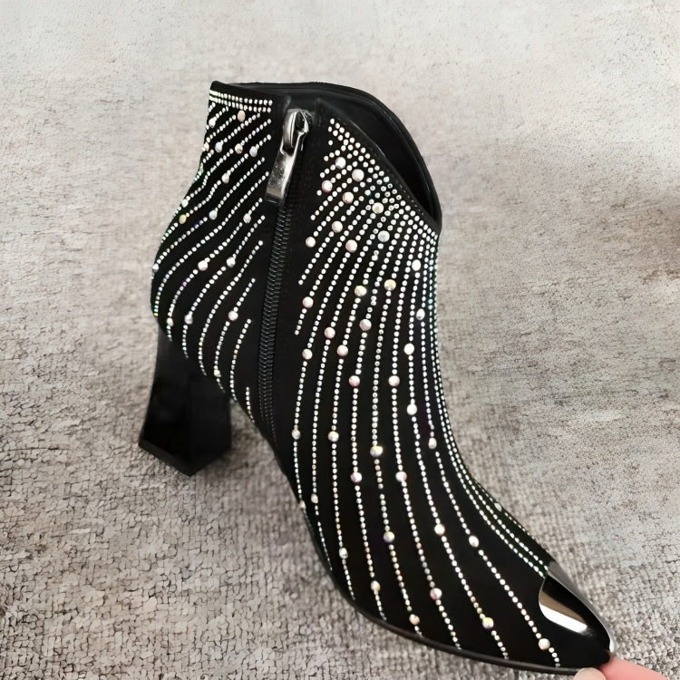 Dames Enkellaarsjes Met Hak en Rits Zwarte Kunstleer Rhinestones 3