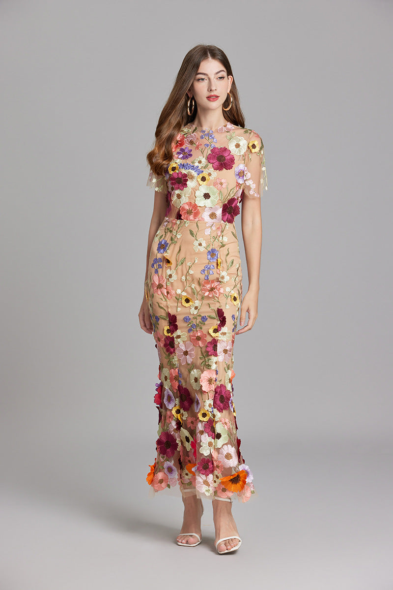 Dames Lange Jurk Met 3D Bloem Borduurwerk Visstaart Mesh Voor Feestelijke Kleding 9