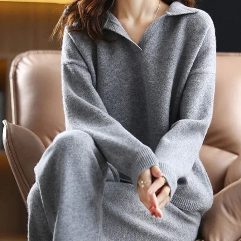 Dames Loungewear Set Katoenmix Relaxed Fit Met Omgeslagen Kraag 2