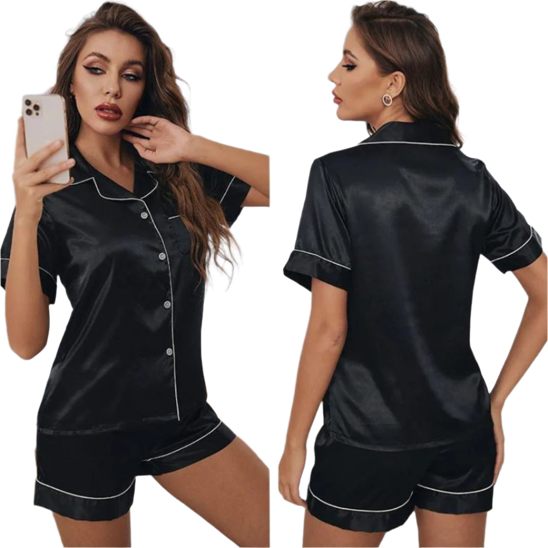 Dames Pyjama Set Satijnen Casual Met Kraag En Elastische Tailleband 3