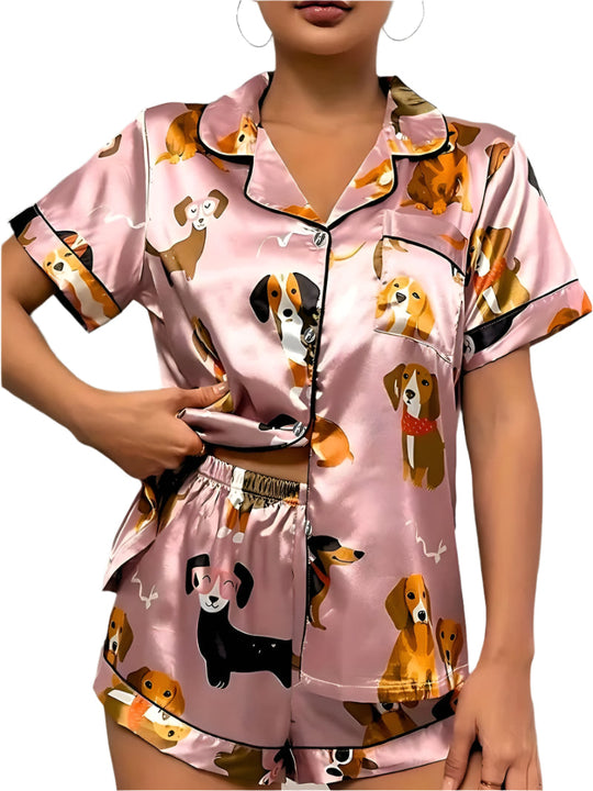 Dames Satijnen Pyjama Set met Puppyprint 0