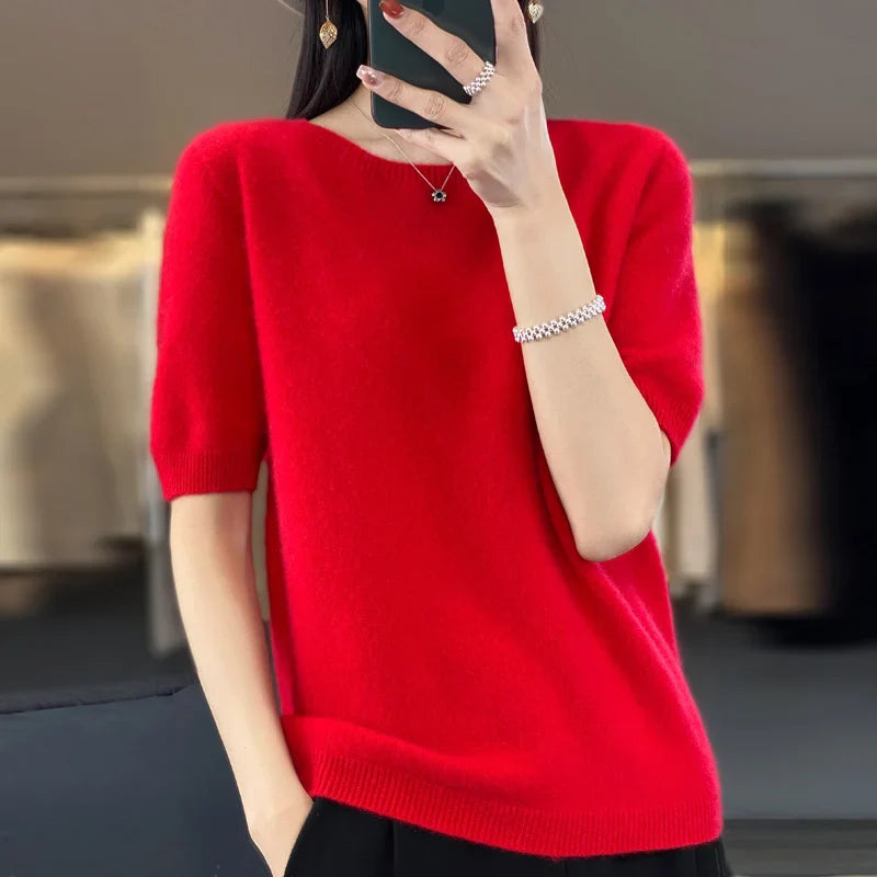 Dames T-shirt Korte Mouwen Gebreid Merino Wol 5