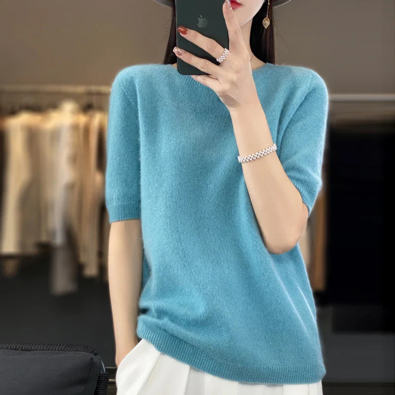 Dames T-shirt Korte Mouwen Gebreid Merino Wol 6