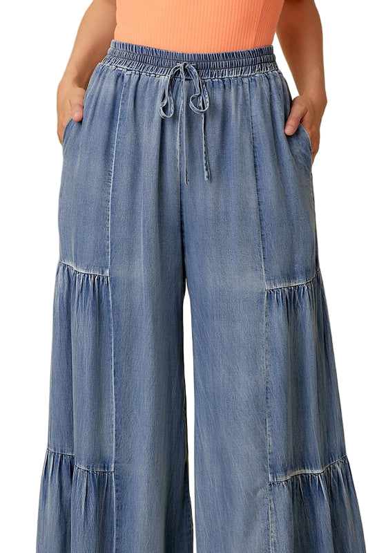 Dames Wijde Broek Met Rimpels Van Gewassen Denim 0