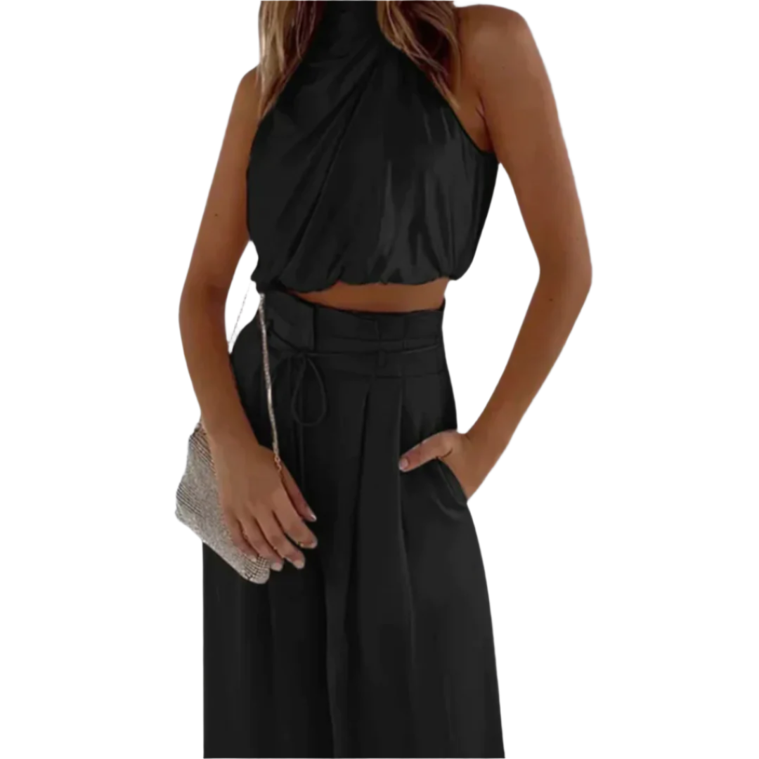Ensemble Femme Élégant Deux-Pièces Tailleur Pantalon Large en Mélange de Tissus Doux 0
