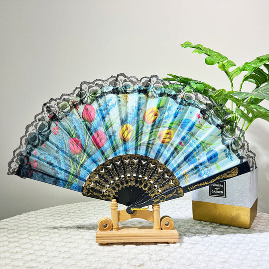 Evantai de Mână pentru Femei cu Design Floral și Margini din Dantelă 2