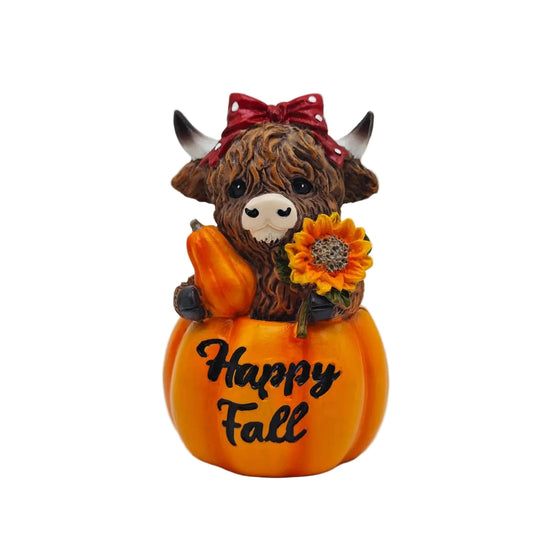 Figurină Decorativă cu Vacă Highland în Costum de Dovleac pentru Toamnă 0