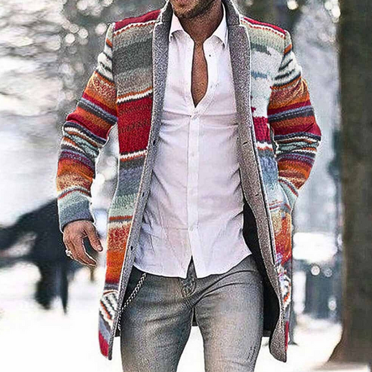 Heren Cardigan Lange Stijl met Kleurrijke Strepen en Sjaalkraag 8