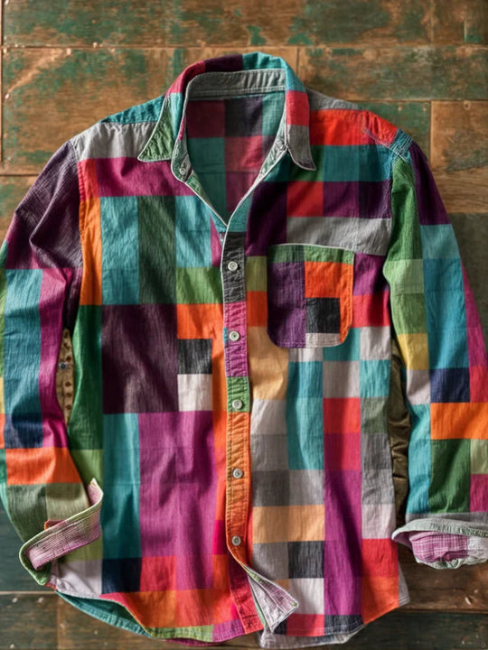 Heren Lange Mouwen Patchwork Overhemd met Knopen 1