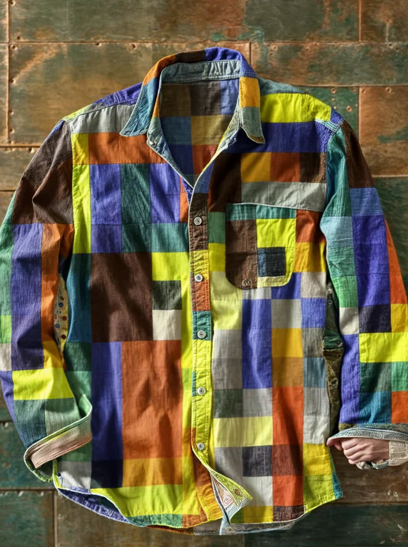 Heren Lange Mouwen Patchwork Overhemd met Knopen 2