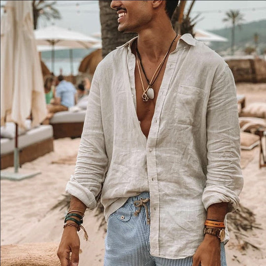 Heren Overhemden Lange Mouwen Katoen-Linnen Mix Casual Shirt 2