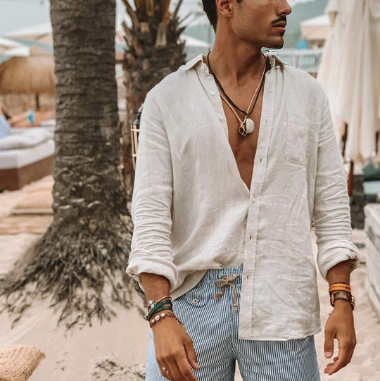 Heren Overhemden Lange Mouwen Katoen-Linnen Mix Casual Shirt 3