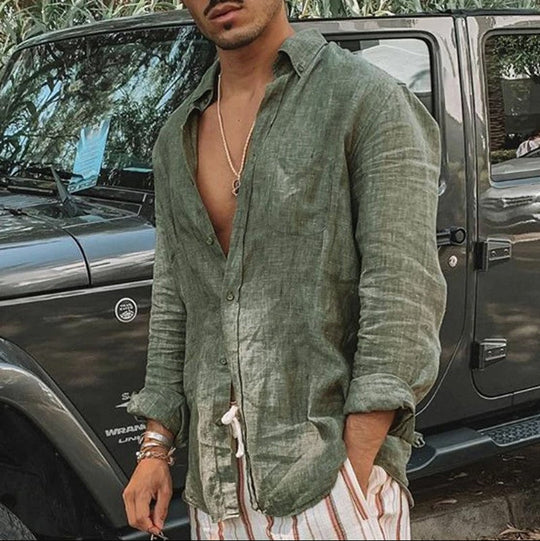 Heren Overhemden Lange Mouwen Katoen-Linnen Mix Casual Shirt 5