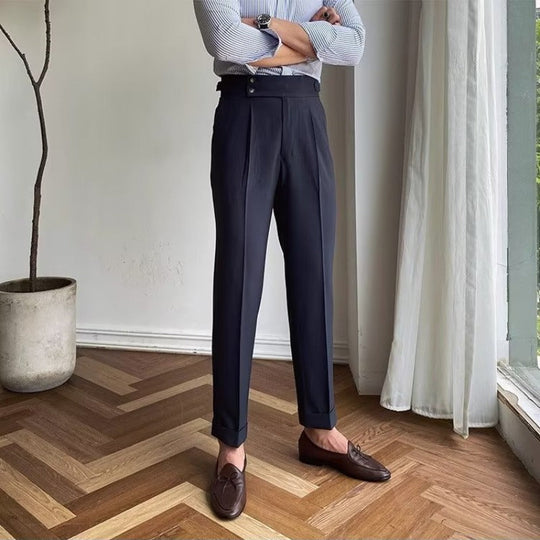 Heren Tailored Broek Hoog Taille Geplooide Voorkant 3