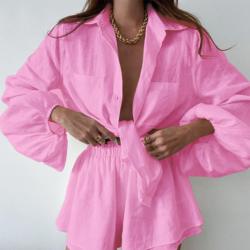 Variant image for Kvinder Linned Sæt Bluse og Shorts Sommer Komfortabelt Design-19