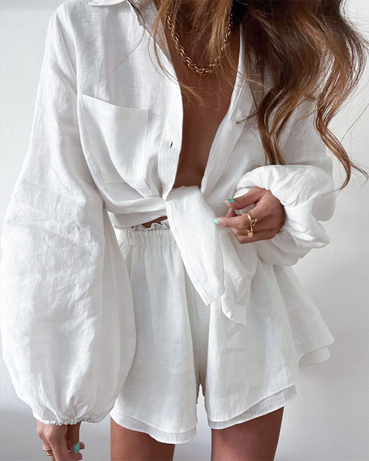 Variant image for Kvinder Linned Sæt Bluse og Shorts Sommer Komfortabelt Design-13