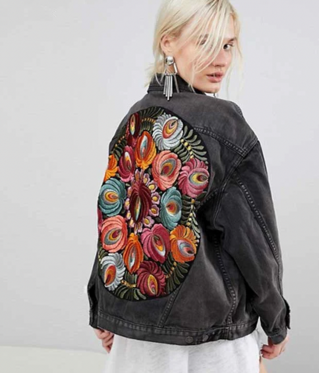 Kvinders Denimjakke Blomsterprint Kvalitets Denim-5