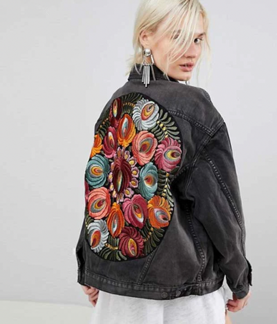 Kvinders Denimjakke Blomsterprint Kvalitets Denim-5