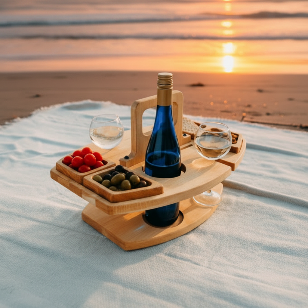 Masă de Picnic Compactă pentru Vin și Gustări, Design Natural din Lemn 1