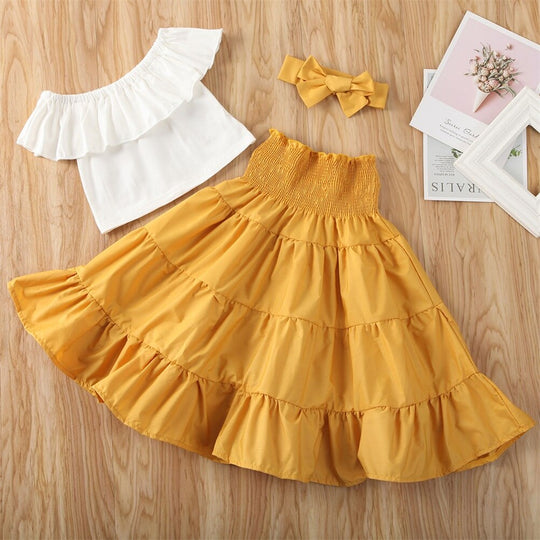 Off Shoulder Crop Top & Fustă Cu Volane Set