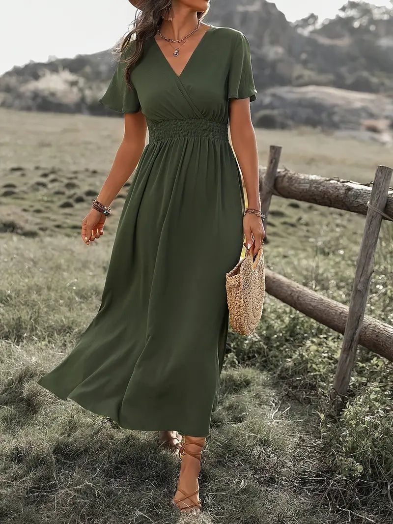 Variant image for Kvinders Maxi Kjole Elegant Lang Snit Let Stof V-Hals Korte Ærmer-1