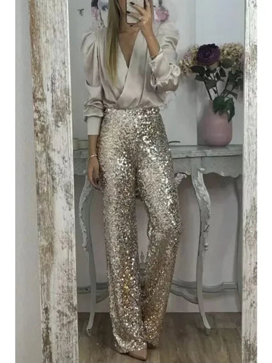 Pantaloni de seară eleganți pentru femei cu paiete