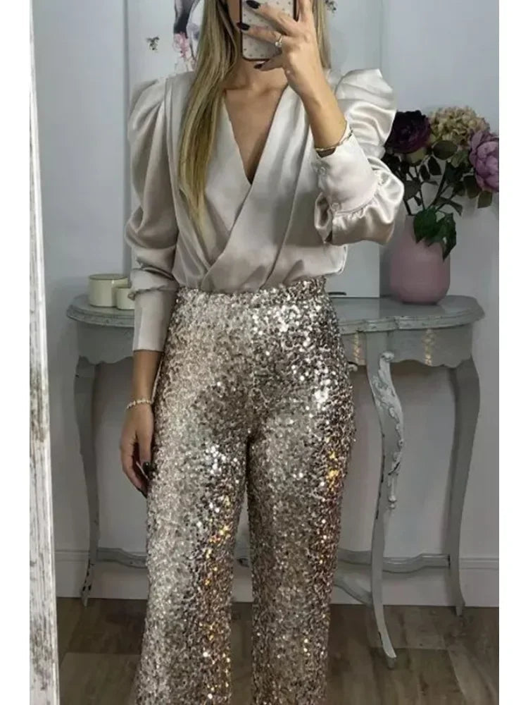 Pantaloni de seară eleganți pentru femei cu paiete