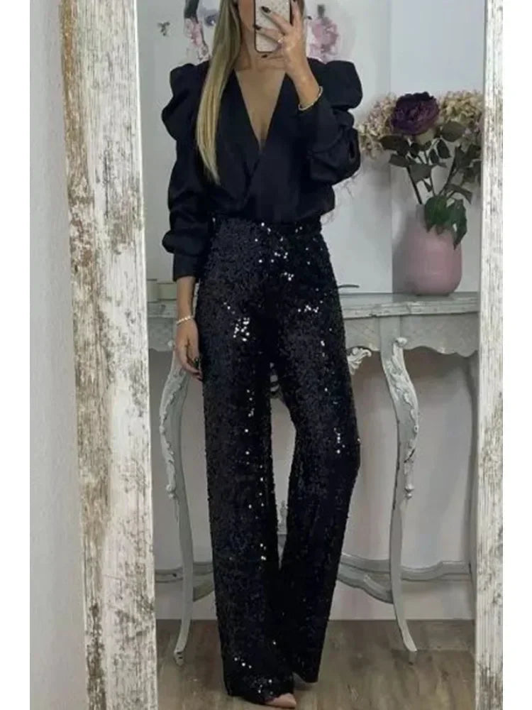 Pantaloni de seară eleganți pentru femei cu paiete