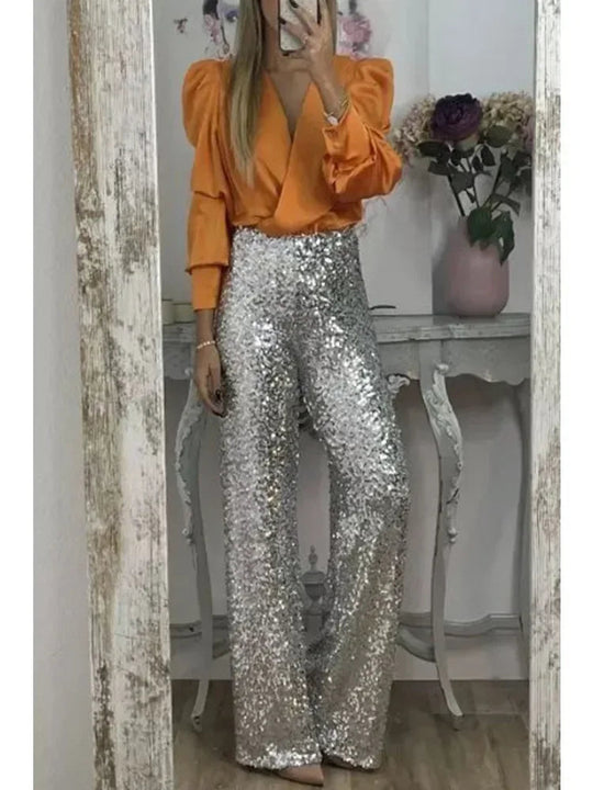 Pantaloni de seară eleganți pentru femei cu paiete