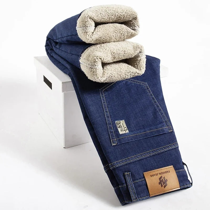 Pantaloni drepți bărbătești din piele de miel, stil denim 0