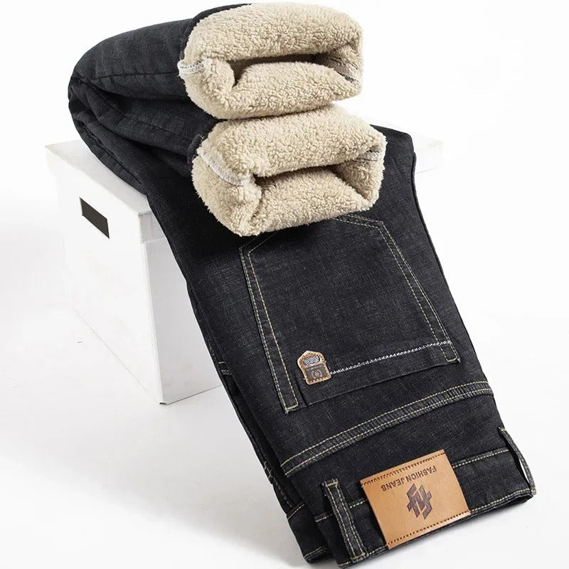 Pantaloni drepți bărbătești din piele de miel, stil denim 2