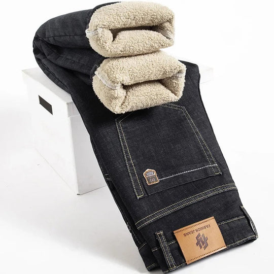 Pantaloni drepți bărbătești din piele de miel, stil denim 2
