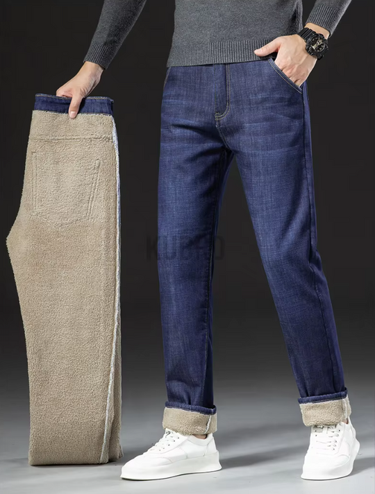 Pantaloni drepți bărbătești din piele de miel, stil denim 4