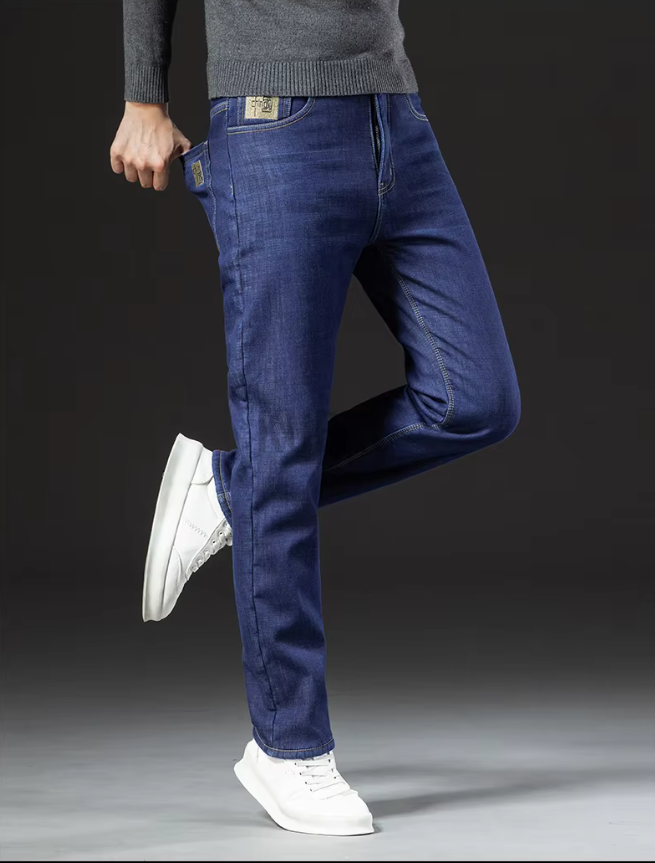 Pantaloni drepți bărbătești din piele de miel, stil denim 5