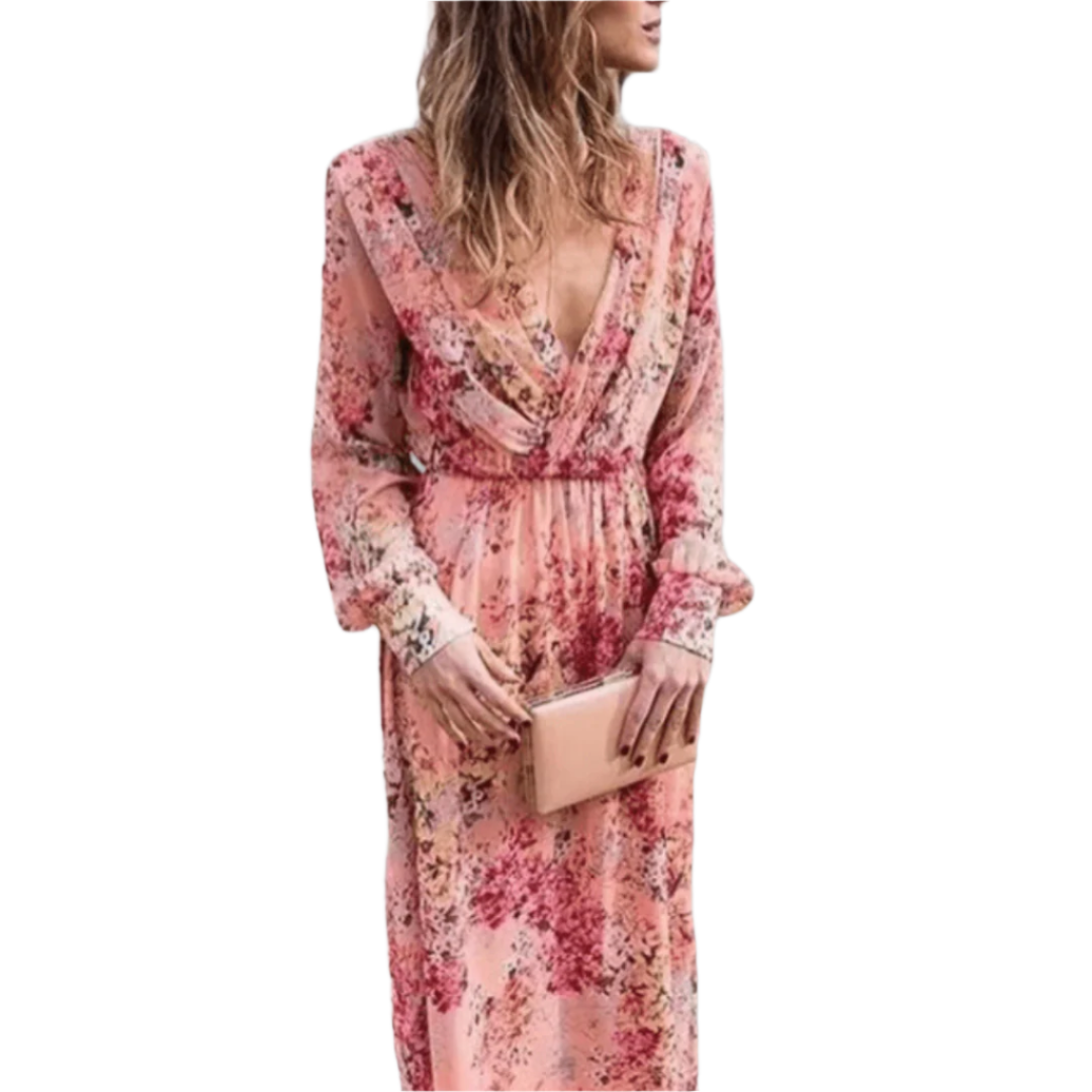 Robe Longue Femme Bohème Fluide avec Décolleté en V 0