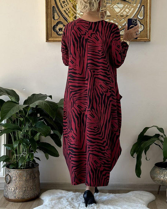 Rochie maxi elegantă din bumbac cu imprimeu și buzunare