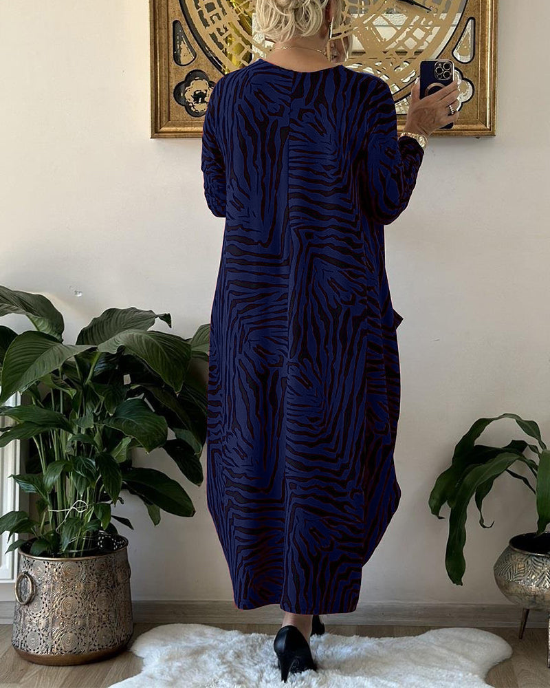 Rochie maxi elegantă din bumbac cu imprimeu și buzunare