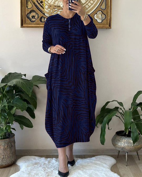 Rochie maxi elegantă din bumbac cu imprimeu și buzunare